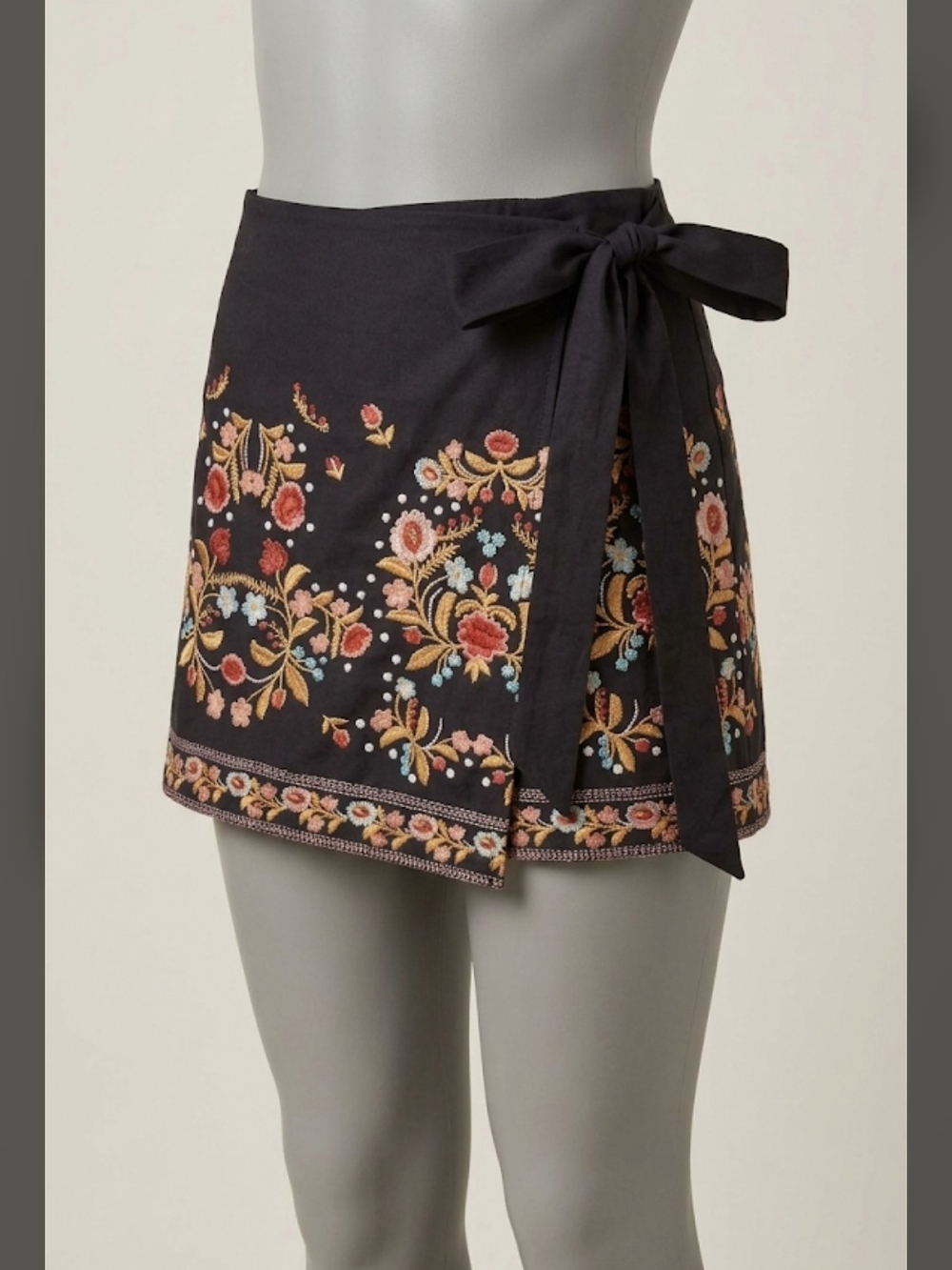 Black Floral Print Wrap Skort with Red and Blue Accents